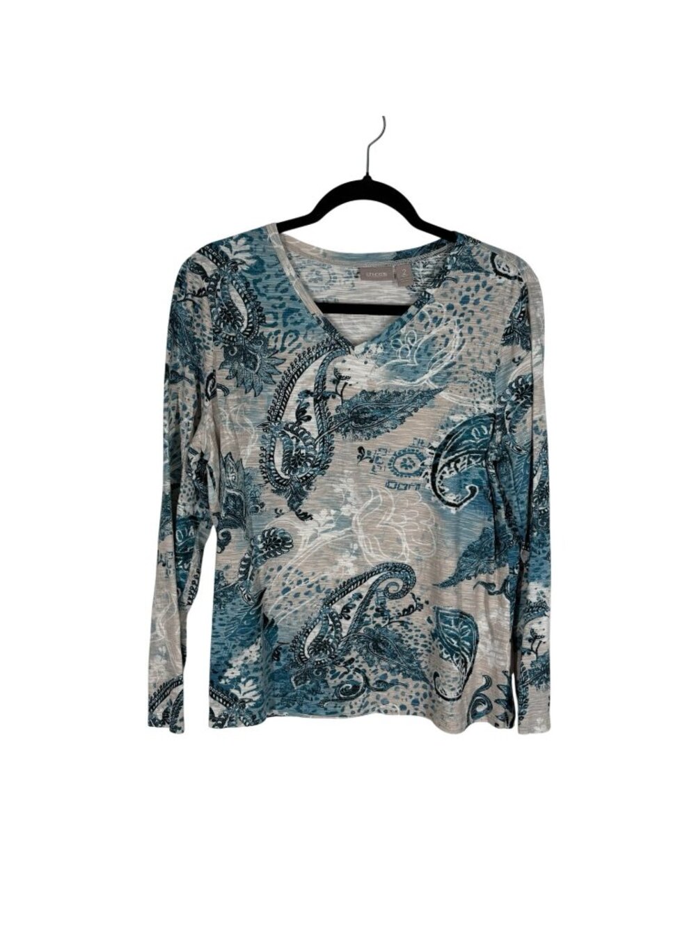 Chicos Women SZ 2 / L White Gray Teal Paisley V-Neck Long Sleeve Cotton Top